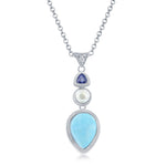 The Classic of New York Larimar Upside Down Teardrop w/ Pearl & Tanzanite CZ Necklace features a sterling silver pendant with a light blue teardrop Larimar, round white pearl, and blue tanzanite CZ set vertically on a chain.