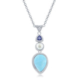 The Classic of New York Larimar Upside Down Teardrop w/ Pearl & Tanzanite CZ Necklace features a sterling silver pendant with a light blue teardrop Larimar, round white pearl, and blue tanzanite CZ set vertically on a chain.