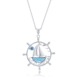 Classic of New York Larimar Inset Sailboat Inside Ship's Wheel Necklace features a sailboat on blue water, a ship’s wheel pendant, a small blue gem sun, and two flying birds. Includes chain.