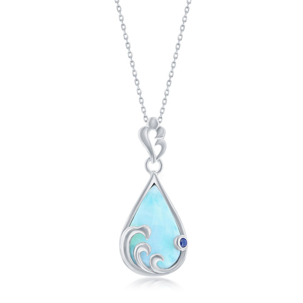 The Larimar Teardrop Wave Necklace (w/Chain) by Classic of New York features a sterling silver teardrop pendant with a wave design and a small round blue gemstone accent.