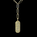 The Be-Je Designs Gold "Y" Rectangle Charm Necklace showcases elongated chain links and a rectangular pendant with CZ flower insets and a beaded border, perfect for layering, displayed on a black background.