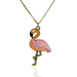 The Flamingo w/ Gold Chain Necklace by Anne Koplik Designs, Inc. features a pink and orange enamel flamingo pendant with a black beak and sparkling crystal eye, making it a standout enamel jewelry piece.