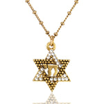 The Anne Koplik Designs, Inc. Star of David Crystal w/Chai Symbol of Life Necklace features a sparkling Star of David with a Chai symbol, elegantly representing Jewish faith jewelry.