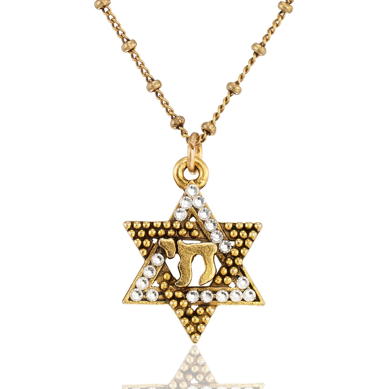 The Anne Koplik Designs, Inc. Star of David Crystal w/Chai Symbol of Life Necklace features a sparkling Star of David with a Chai symbol, elegantly representing Jewish faith jewelry.