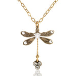 The Anne Koplik Designs, Inc. Single Gold Tone Dragonfly w Triple Crystal Drop Necklace features a gold chain and ornate dragonfly pendant with delicate wings and three clear crystals at the tail.