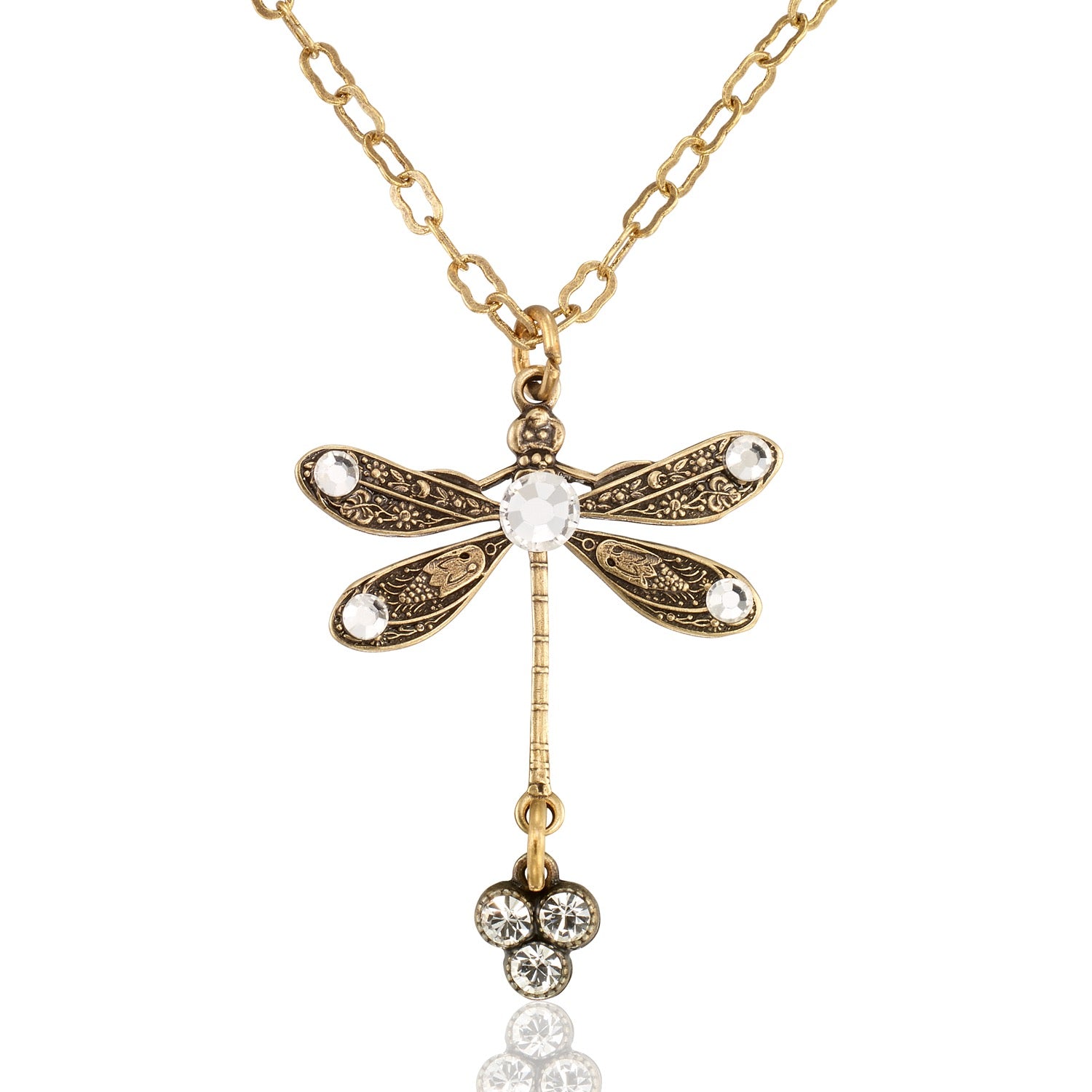 The Anne Koplik Designs, Inc. Single Gold Tone Dragonfly w Triple Crystal Drop Necklace features a gold chain and ornate dragonfly pendant with delicate wings and three clear crystals at the tail.