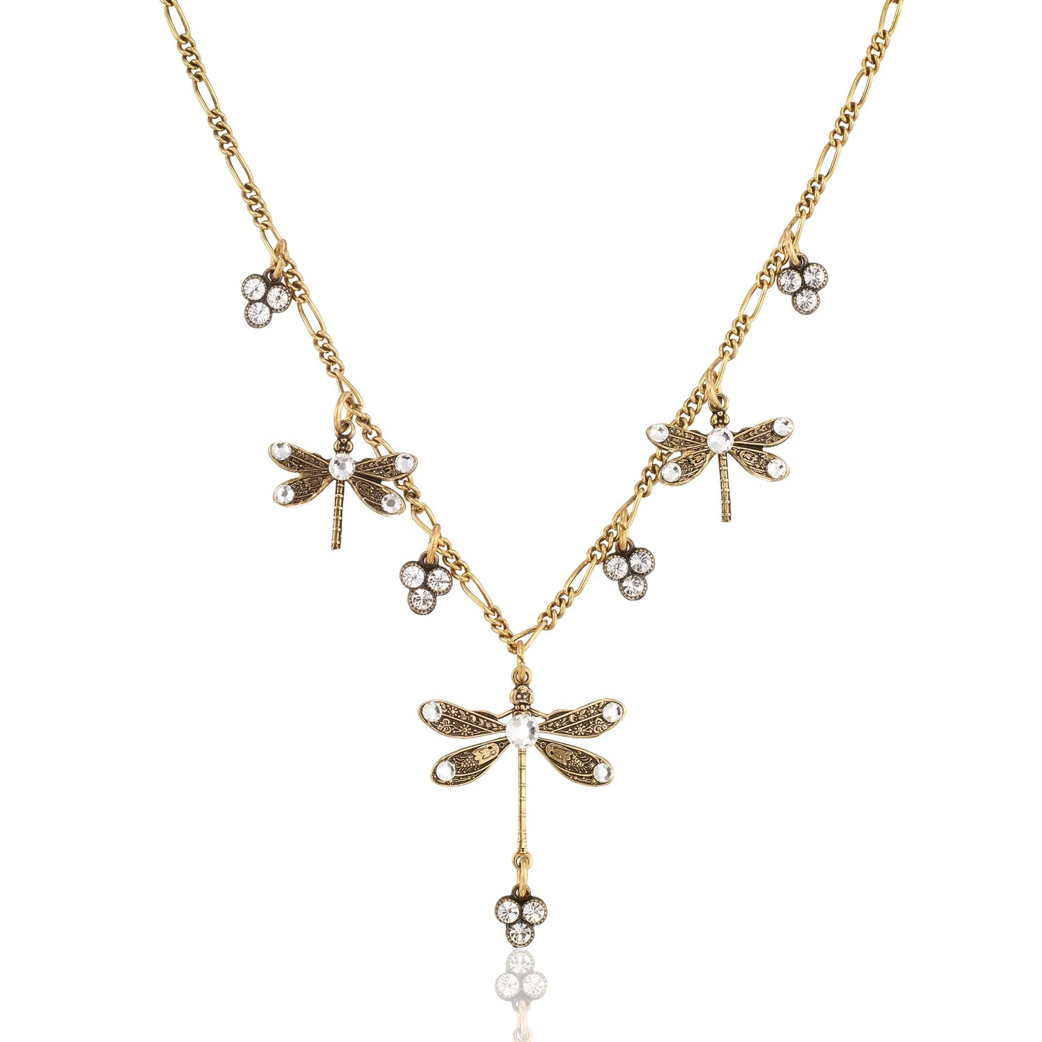 The Dragonfly w/Triple Crystal Drop Collar Necklace by Anne Koplik Designs, Inc. features a vintage-inspired design with dragonfly and triple crystal drops arranged on a delicate chain for an antique-style jewelry look.