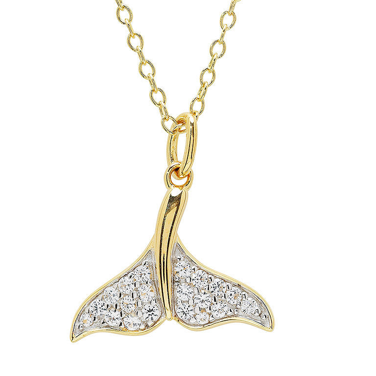 The Shanore Gold Vermeil & White Sapphire Whale Tail Mini Necklace adds a touch of elegance to any outfit with its delicate design and sparkling white sapphires.