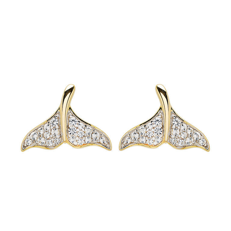Shanore Gold Vermeil & White Sapphire Whale Tail Post Earrings offer a fresh take on classic studs, each featuring sparkling white sapphires in a graceful whale tail design.