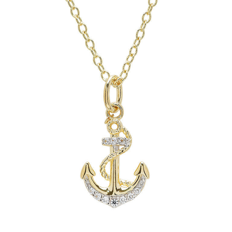 The Shanore Gold Vermeil & White Sapphire Anchor Mini Necklace showcases an anchor pendant accented with sparkling white sapphires and a twisted rope detail, hanging from a delicate chain for an elegant finish.