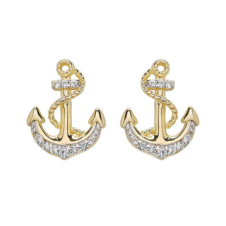 Shanore’s Gold Vermeil & White Sapphire Anchor Post Earrings feature sparkling white sapphires along the base and rope detailing—ideal for anyone who loves nautical-inspired jewelry.