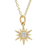 The Shanore Gold Vermeil & White Sapphire Sun Mini Necklace features a starburst pendant with a central cluster of white sapphires set in 14k gold over sterling silver.