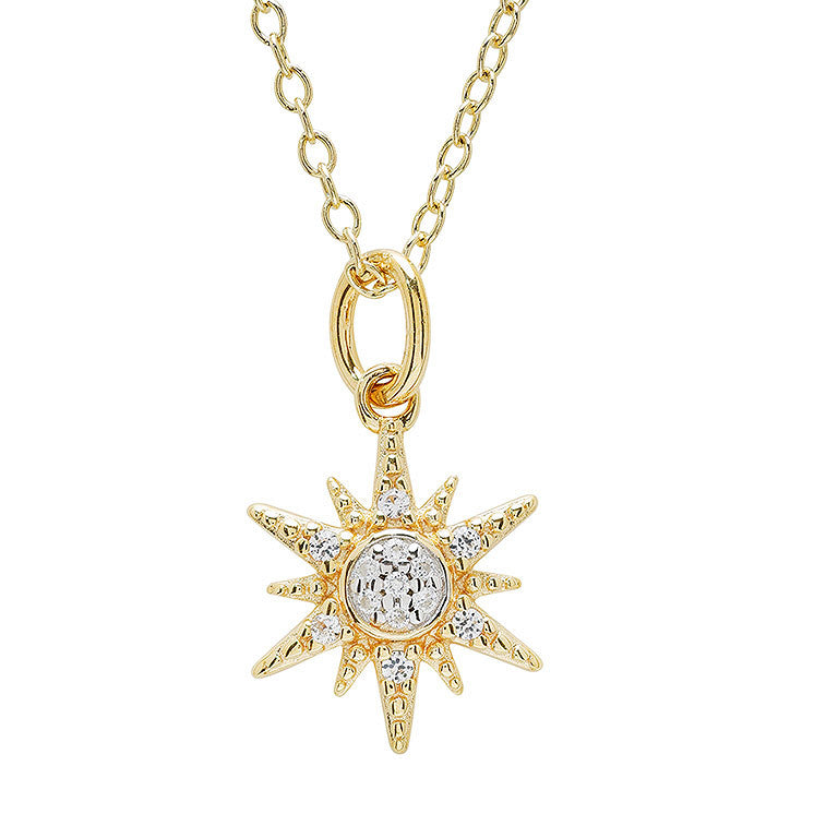 The Shanore Gold Vermeil & White Sapphire Sun Mini Necklace features a starburst pendant with a central cluster of white sapphires set in 14k gold over sterling silver.