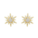 Shanore's Gold Vermeil & White Sapphire Sun Post Earrings feature starburst studs with a central cluster of white sapphires, each point elegantly accented with additional gemstones.