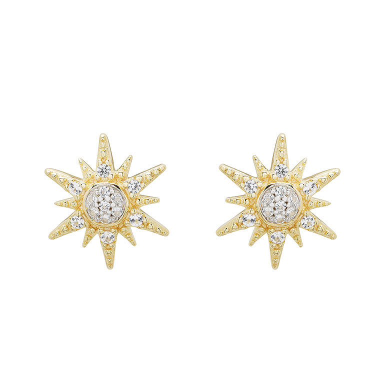 Shanore's Gold Vermeil & White Sapphire Sun Post Earrings feature starburst studs with a central cluster of white sapphires, each point elegantly accented with additional gemstones.