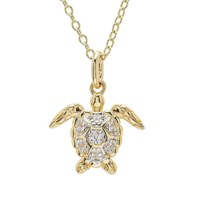 The Shanore Gold Vermeil & White Sapphire Turtle Mini Necklace features a gold chain and turtle pendant with a gold body and a shell adorned with sparkling white sapphires.