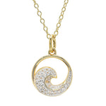 The Shanore Gold Vermeil & White Sapphire Wave Mini Necklace features a circular pendant with a wave design and sparkling white sapphires, offering an elegant sea-inspired look.