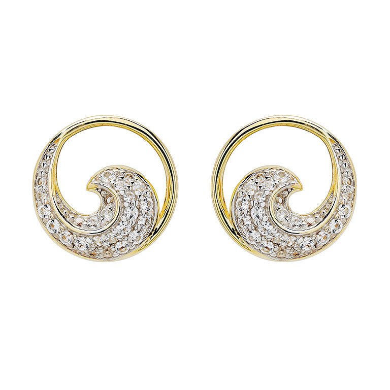 Shanore Gold Vermeil & White Sapphire Wave Post Earrings feature a swirling wave design with embedded white sapphires accenting the elegant curves.