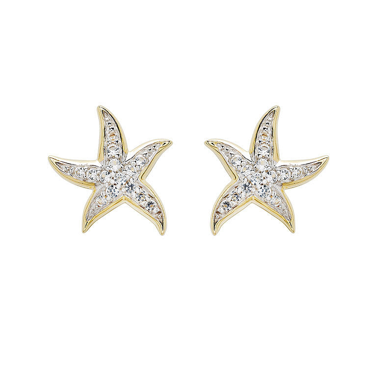 Shanore's Gold Vermeil & White Sapphire Starfish Post Earrings feature shimmering white sapphires set along the arms of each gold vermeil starfish.