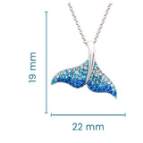 The Shanore Swarovski Crystals Blue/White Crystal Whale Tail Necklace is a sterling silver piece, featuring a whale tail pendant with blue and clear crystals. The pendant measures 19 mm tall by 22 mm wide, as shown on the image labels.