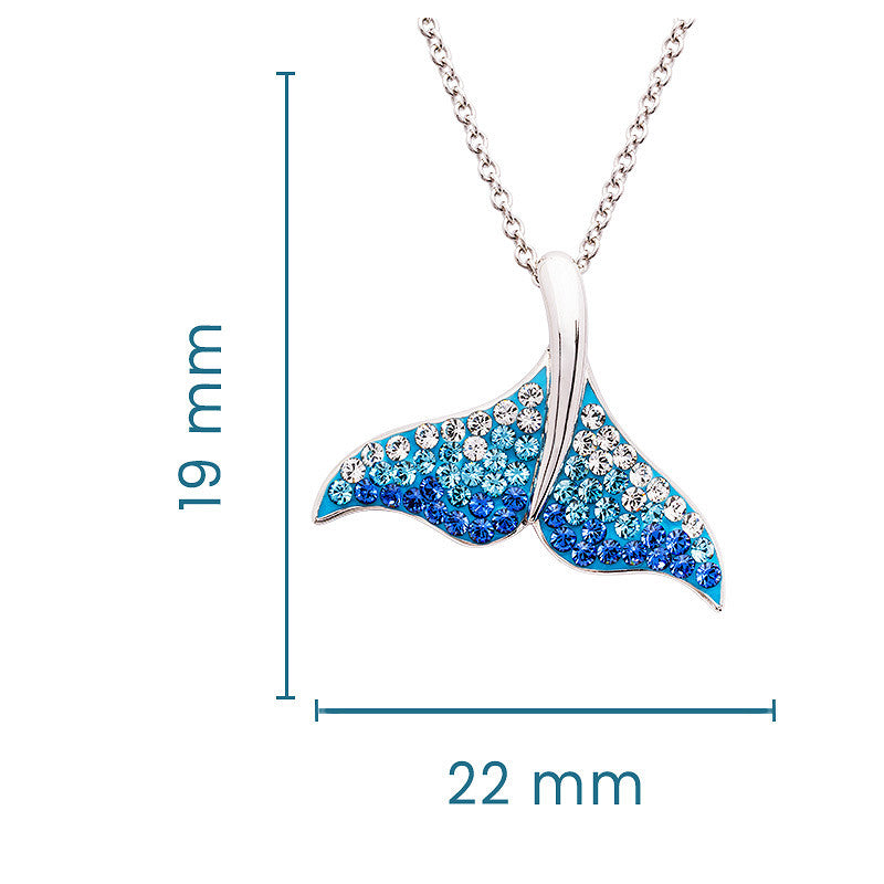 The Shanore Swarovski Crystals Blue/White Crystal Whale Tail Necklace is a sterling silver piece, featuring a whale tail pendant with blue and clear crystals. The pendant measures 19 mm tall by 22 mm wide, as shown on the image labels.