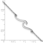 The Presco/Quality Gold Sterling Silver Wave Anklet features a smooth, polished wave centerpiece on a fine adjustable chain, displayed on a white background beside an inch ruler for scale.