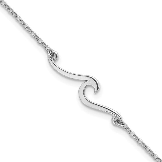 The Sterling Silver Wave Anklet by Presco/Quality Gold features a thin chain and central wave design, offering a sleek and elegant minimalist accessory.