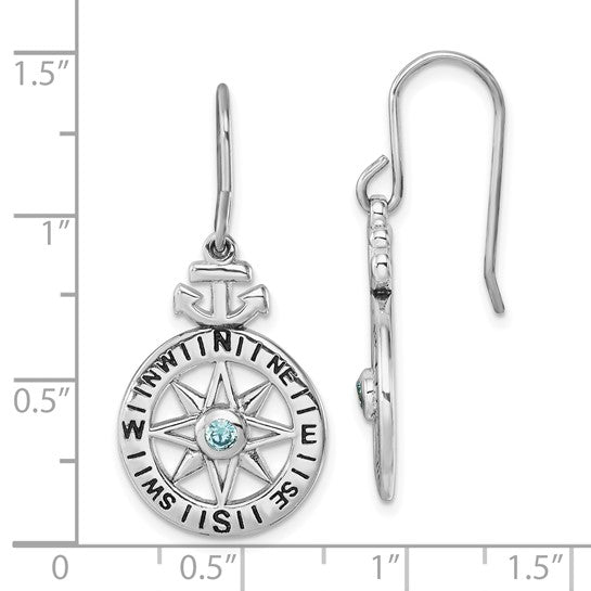 Presco/Quality Gold Sterling Silver Compass/Anchor Crystal Earrings showcase a compass rose with an anchor and central blue crystal, pictured next to a ruler for size reference.