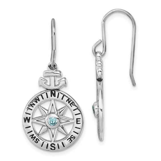 Presco/Quality Gold Sterling Silver Compass/Anchor Crystal Earrings feature compass rose shapes with a blue Austrian crystal center, anchor detail, cardinal directions, and classic fishhook ear wires for unique dangle style.