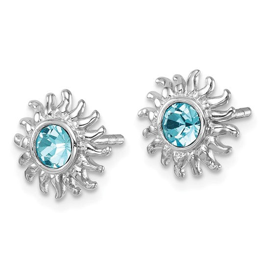The Crystal Aqua Sun Post Earrings by Presco/Quality Gold feature radiant light blue center gemstones set in sterling silver for a luminous look.