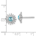 The Crystal Aqua Sun Post Earrings by Presco/Quality Gold feature wavy sun shapes with central blue gemstones, each about 0.5 inches wide.