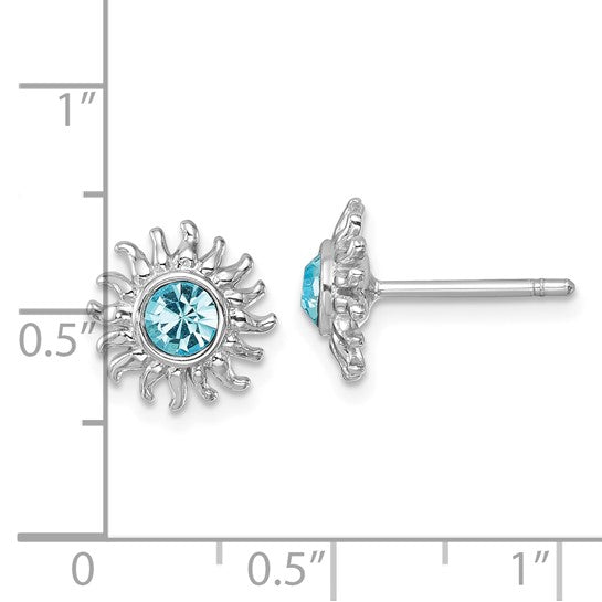 The Crystal Aqua Sun Post Earrings by Presco/Quality Gold feature wavy sun shapes with central blue gemstones, each about 0.5 inches wide.