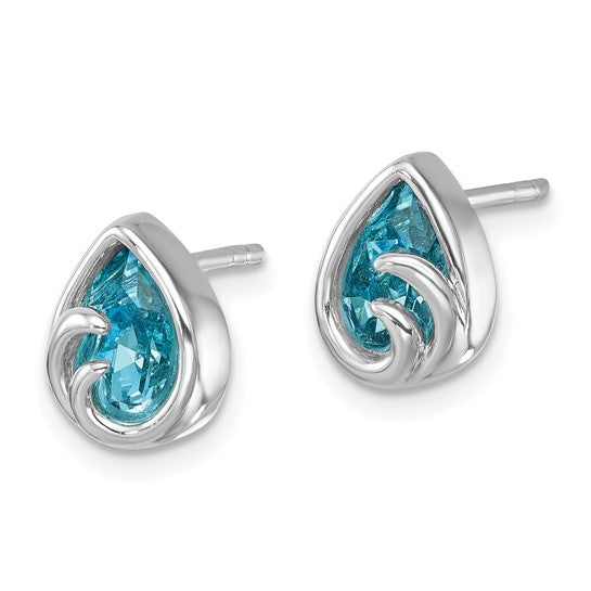 Crystal Aqua Wave Post Earrings by Presco/Quality Gold feature sterling silver teardrop shapes with blue gemstones, each set in an elegant decorative silver swirl design.
