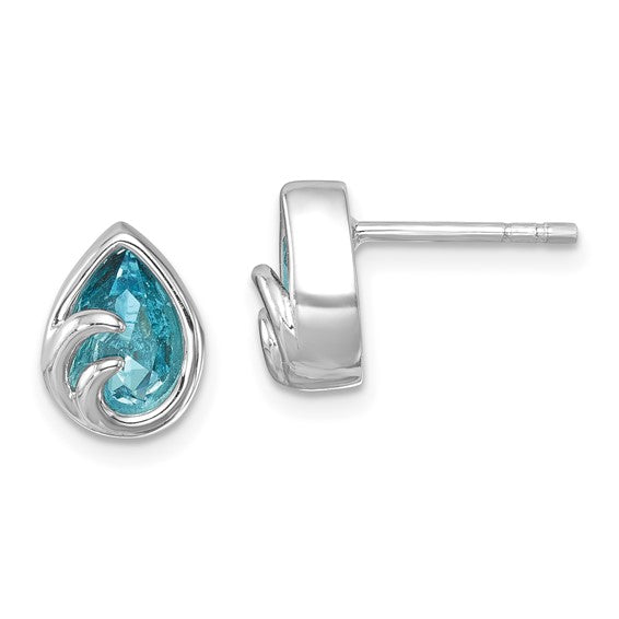 The Crystal Aqua Wave Post Earrings by Presco/Quality Gold feature teardrop-shaped blue gemstones in polished sterling silver with a wave design. Shown are one earring from the front and the other from the side.