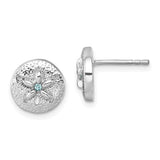 A pair of round sterling silver Crystal Sand Dollar Post Earrings by Presco/Quality Gold, featuring a textured surface with a starfish design in the center and a small blue gemstone.