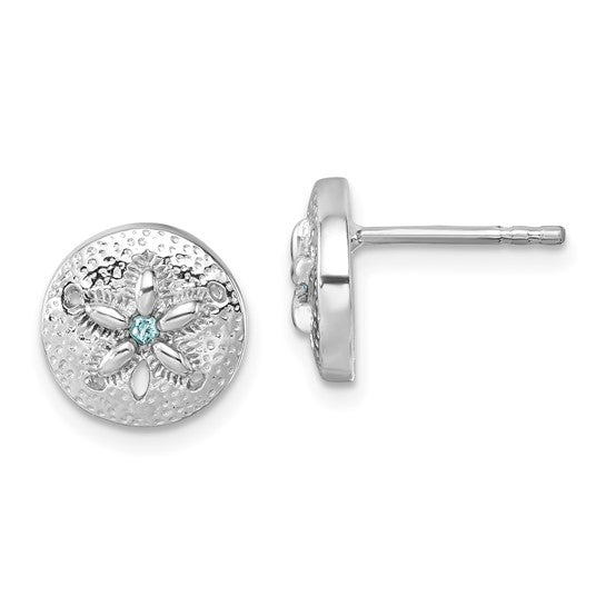 A pair of round sterling silver Crystal Sand Dollar Post Earrings by Presco/Quality Gold, featuring a textured surface with a starfish design in the center and a small blue gemstone.