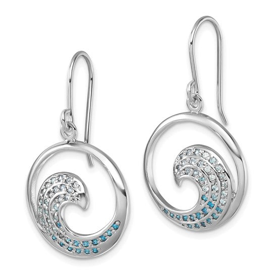 The Presco/Quality Gold Crystal Wave Blue CZs Earrings feature a wave-inspired design with circular swirls, set with blue cubic zirconia and clear stones for a stunning crystal effect.