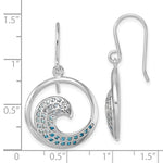 Crystal Wave Blue CZs Earrings by Presco/Quality Gold feature ocean wave-inspired sterling silver drops with blue CZ and clear gemstones. Each earring measures about 1 inch in diameter, as shown against a measurement grid.
