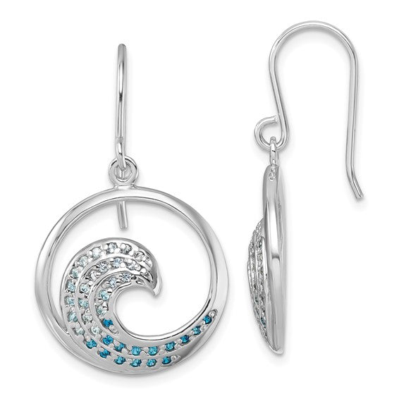 Crystal Wave Blue CZs Earrings by Presco/Quality Gold, crafted in sterling silver with ocean wave design and blue & clear crystal accents, shown from front and side angles on a white background.