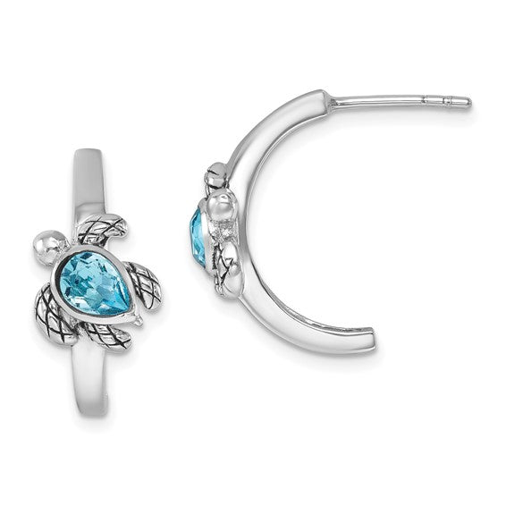 Presco/Quality Gold Crystal Half-Hoop Post Turtle Earrings feature sterling silver turtles with blue crystal shells and detailed flippers; one earring is displayed front-facing, the other from the side.