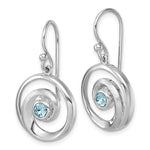 The Crystal Wave Dangle/Aqua Earrings by Presco/Quality Gold are sterling silver earrings featuring swirling circular designs and a central round aqua Swarovski crystal.