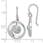 The Presco/Quality Gold Crystal Wave Dangle/Aqua Earrings feature round aqua Swarovski crystals in sterling silver swirls and measure about 1 inch long by 0.5 inch wide. Shown against a ruler for scale.