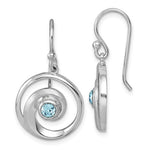 The Presco/Quality Gold Crystal Wave Dangle/Aqua Earrings feature a swirling sterling silver design with a light blue crystal center; one earring is shown from the front, and the other from the side.