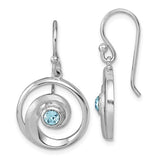 The Presco/Quality Gold Crystal Wave Dangle/Aqua Earrings feature a swirling sterling silver design with a light blue crystal center; one earring is shown from the front, and the other from the side.