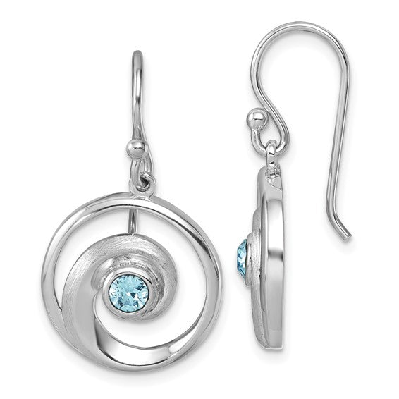 The Presco/Quality Gold Crystal Wave Dangle/Aqua Earrings feature a swirling sterling silver design with a light blue crystal center; one earring is shown from the front, and the other from the side.
