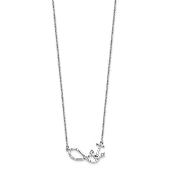 The Presco/Quality Gold Sterling Silver Anchor/Eternity Necklace features a minimalist chain with an infinity symbol pendant intertwined with a small anchor.