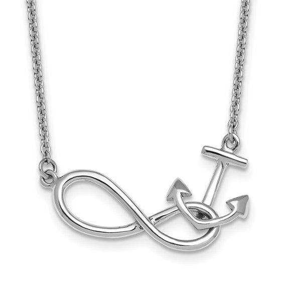 The Sterling Silver Anchor/Eternity Necklace by Presco/Quality Gold features a minimalist design with an infinity symbol and anchor on a delicate chain for timeless style.