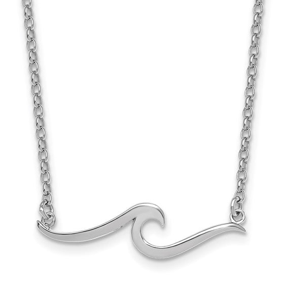 The Sterling Silver Wave Necklace by Presco/Quality Gold features a minimalist ocean wave pendant on a delicate chain, combining elegance and simplicity in one stylish accessory.