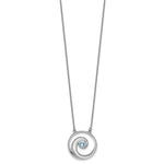 The Crystal Wave Aqua Crystal Pendant by Presco/Quality Gold features a circular sterling silver spiral with a blue crystal at the center, suspended from a delicate chain—an elegant and timeless addition to any jewelry collection.