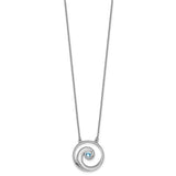 The Crystal Wave Aqua Crystal Pendant by Presco/Quality Gold features a circular sterling silver spiral with a blue crystal at the center, suspended from a delicate chain—an elegant and timeless addition to any jewelry collection.